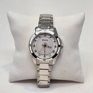 Bulova Womens Watch 96P144 Diamond Accent Silver Tone White Dial New Battery